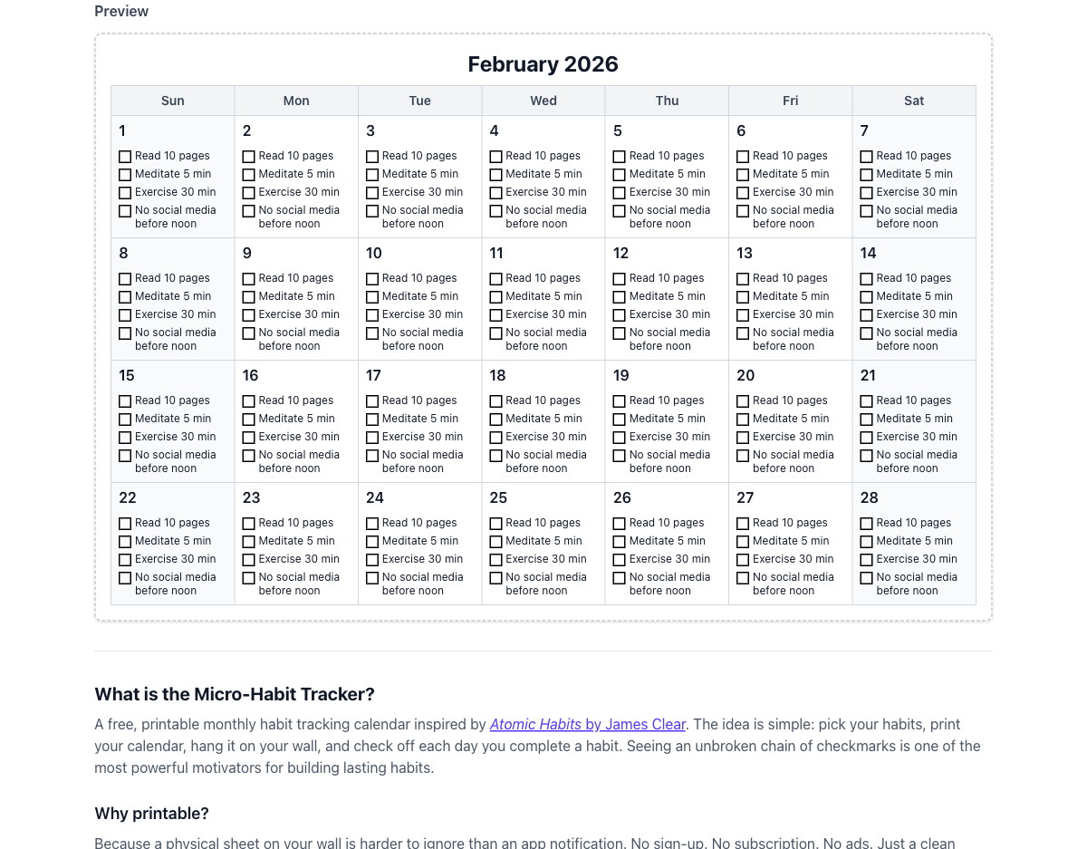 Atomic Habits Calendar showing a monthly habit tracking calendar with daily checkboxes